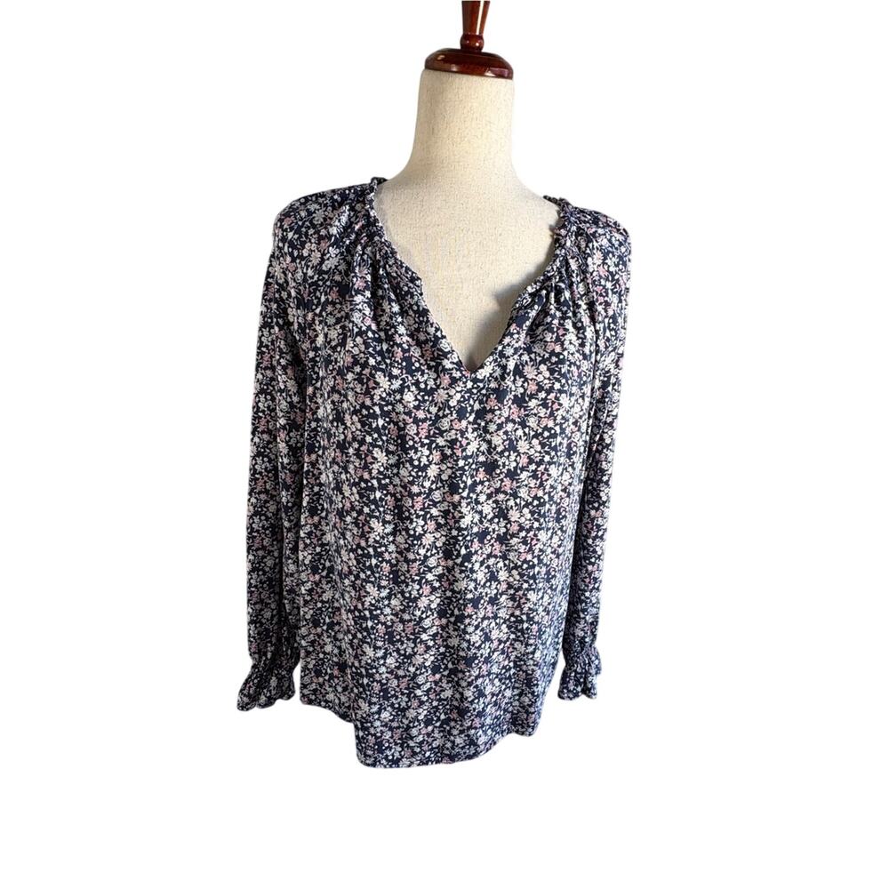 Angels Black Floral V-Neck Long Sleeve Blouse with Pink & White Accents